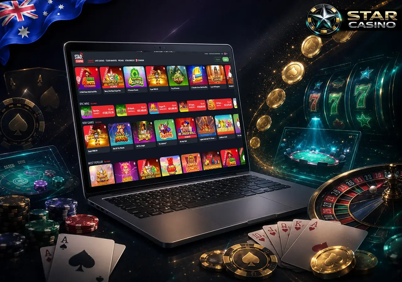 Game lobby on laptop with slots, cards and live table options